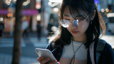 スマホを見る眼鏡の女性